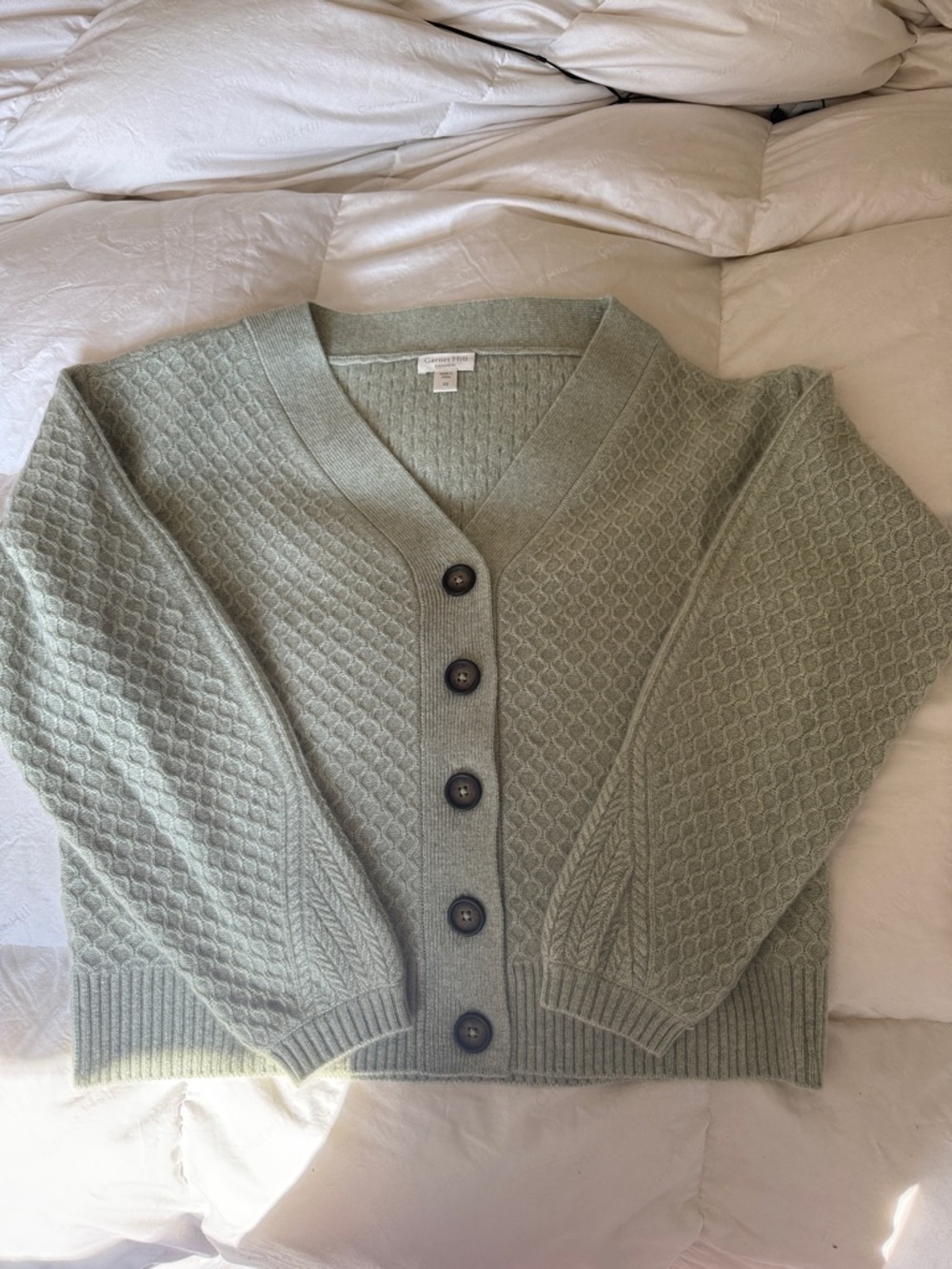 Garnet Hill Sage Green cashmere Textured Button-Front Cardigan